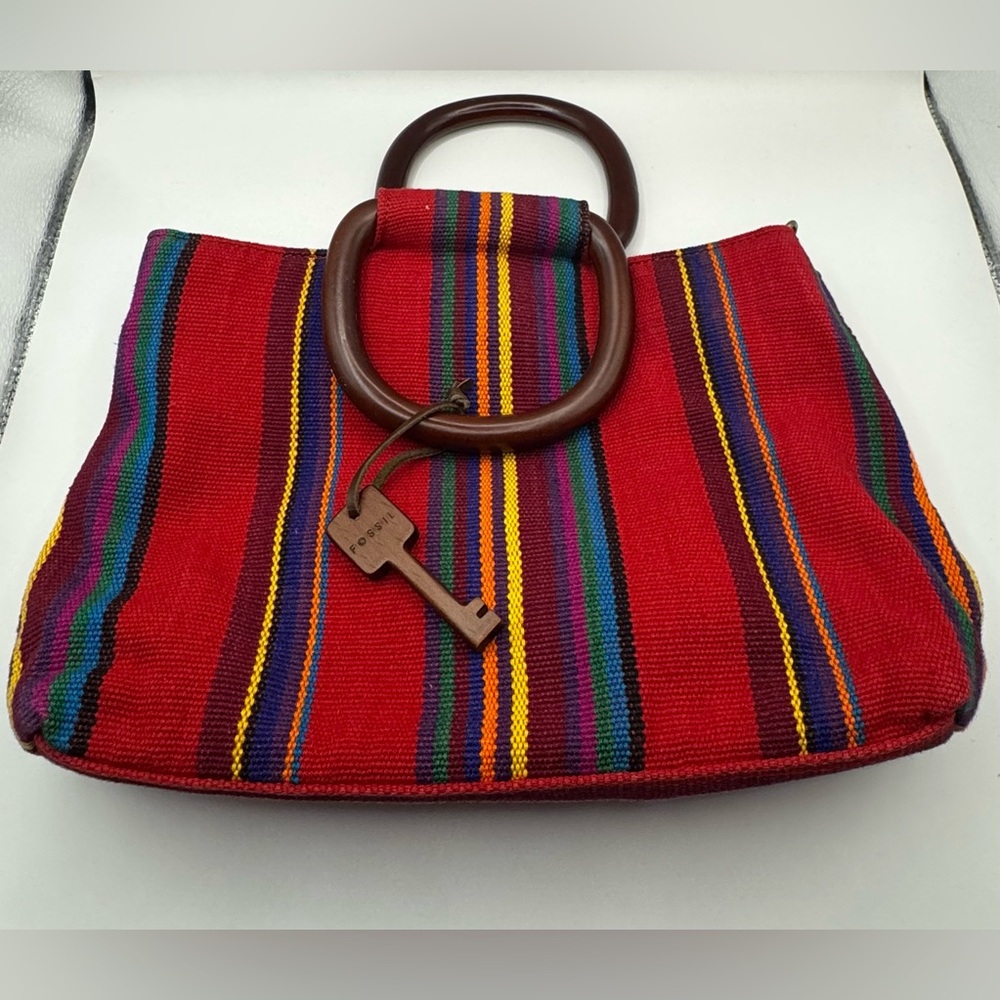 Fossil red multicolor woven handbag with wooden ring handles might missing strap - Picture 1 of 10